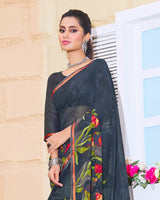 Vishal Prints Dark Grey Printed Georgette Saree With Piping