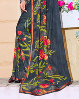 Vishal Prints Dark Grey Printed Georgette Saree With Piping