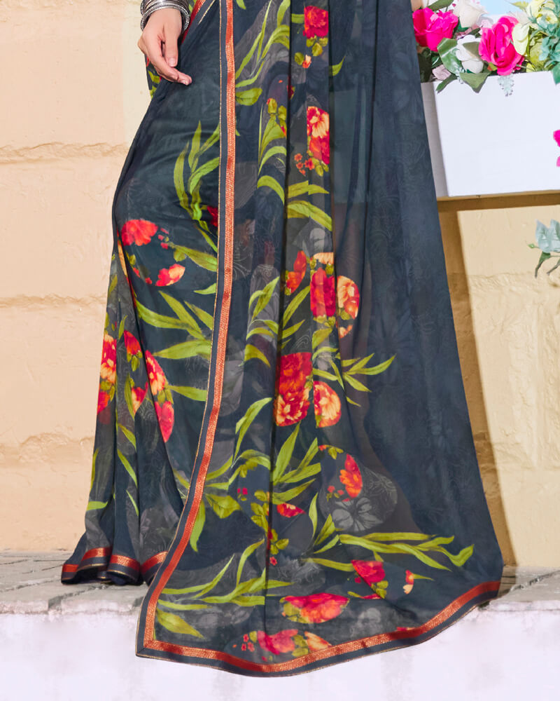 Vishal Prints Dark Grey Printed Georgette Saree With Piping