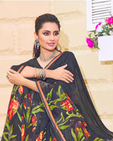Vishal Prints Dark Grey Printed Georgette Saree With Piping