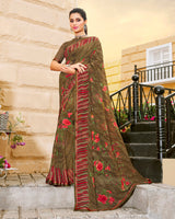 Vishal Prints Coffee Brown Printed Georgette Saree With Piping