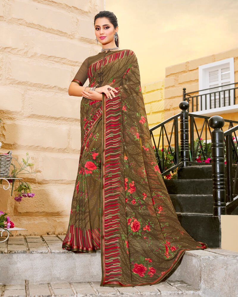 Vishal Prints Coffee Brown Printed Georgette Saree With Piping