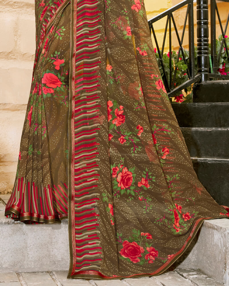 Vishal Prints Coffee Brown Printed Georgette Saree With Piping