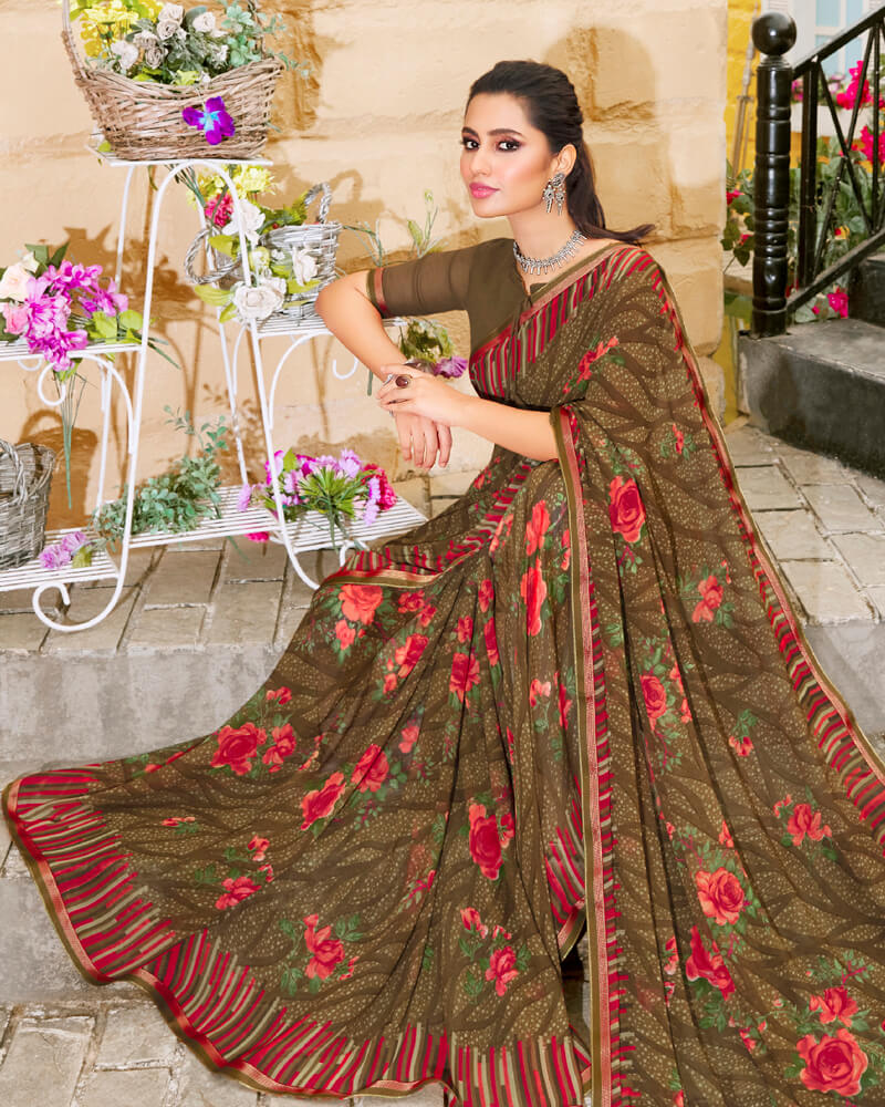 Vishal Prints Coffee Brown Printed Georgette Saree With Piping