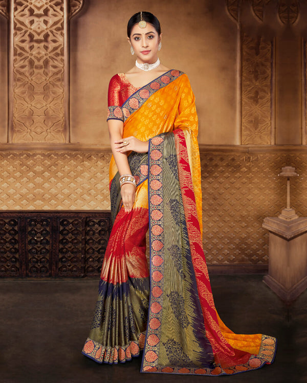 Vishal Prints Yellowish Orange Brasso Saree With Foil Print And Jari Border