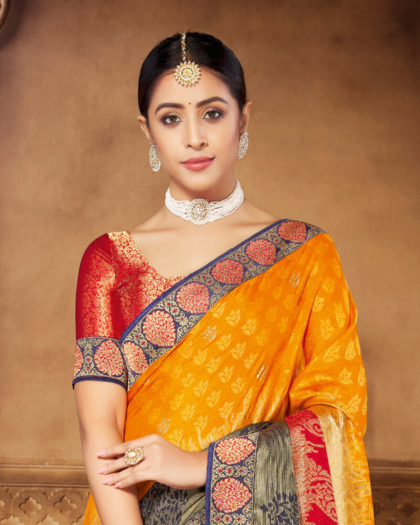 Vishal Prints Yellowish Orange Brasso Saree With Foil Print And Jari Border