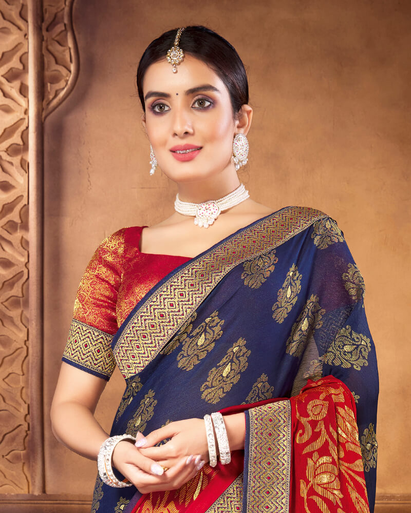 Vishal Prints Ink Blue Brasso Saree With Foil Print And Jari Border