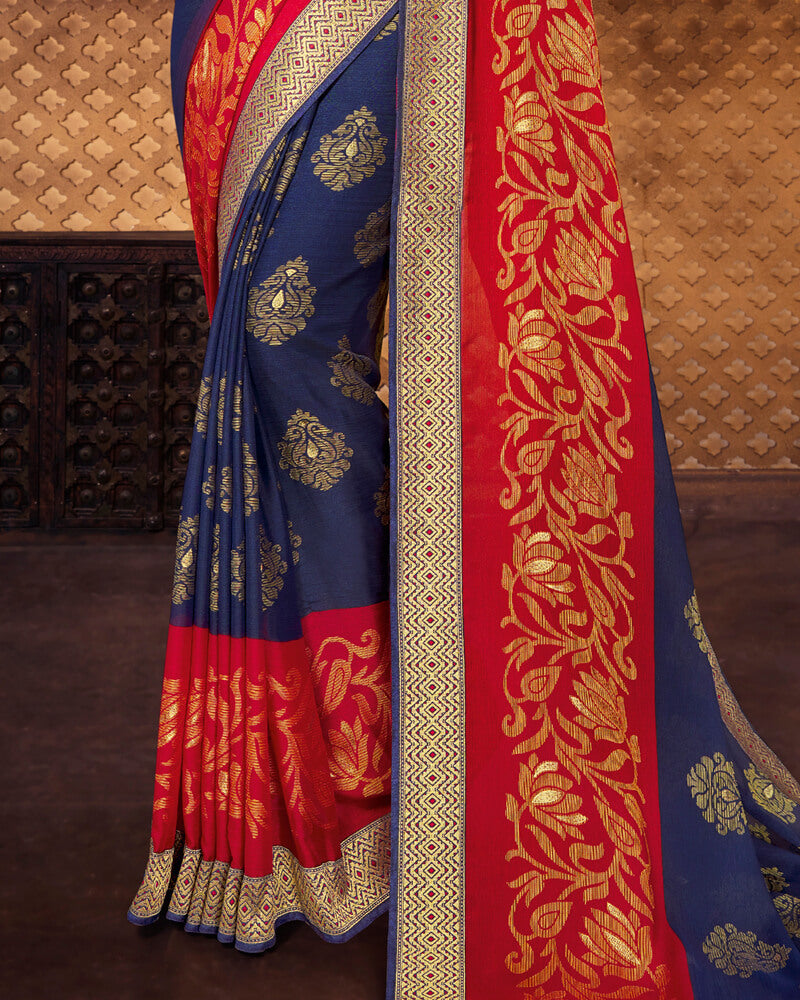 Vishal Prints Ink Blue Brasso Saree With Foil Print And Jari Border