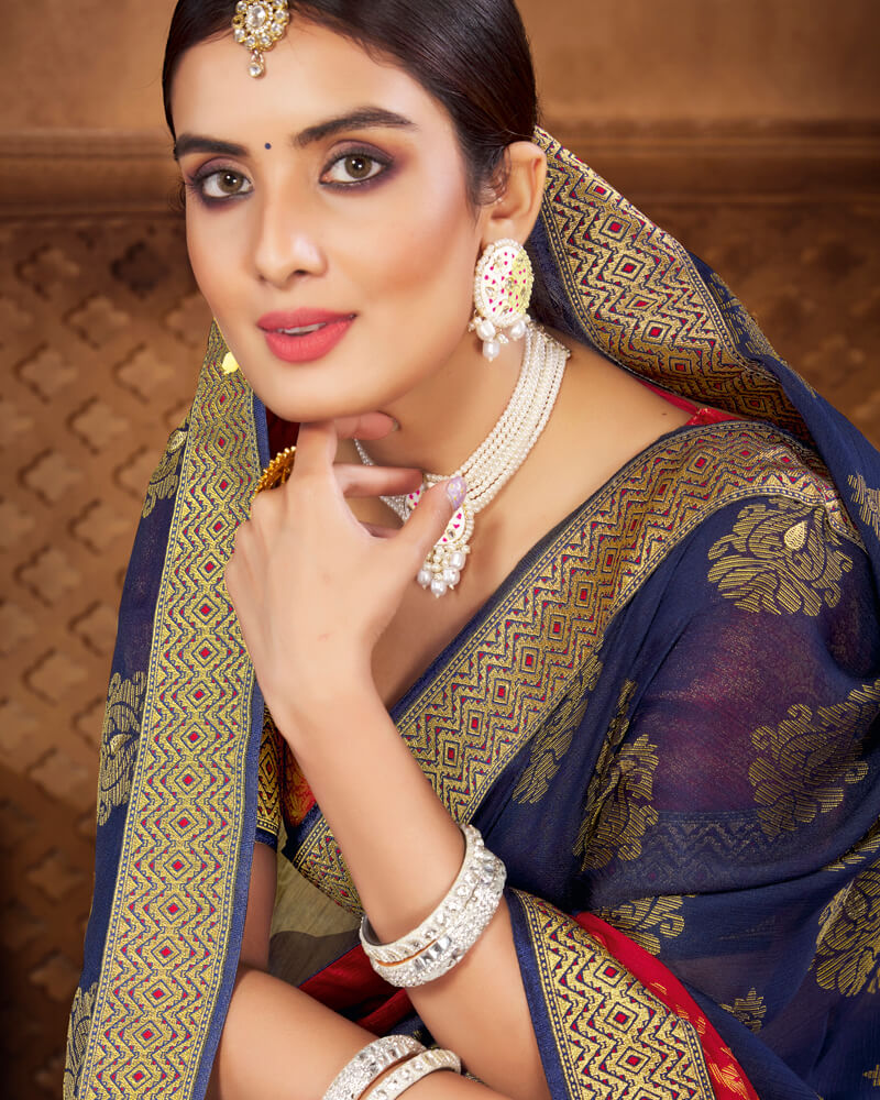 Vishal Prints Ink Blue Brasso Saree With Foil Print And Jari Border
