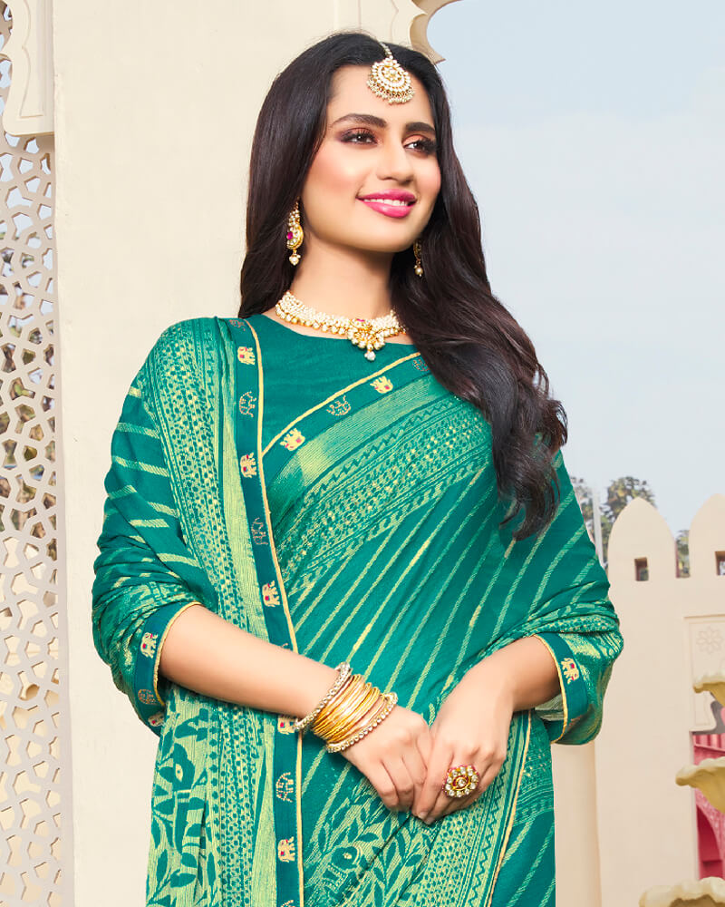 Vishal Prints Rama Green Brasso Saree With Foil Print And Border