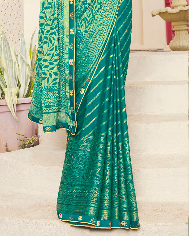 Vishal Prints Rama Green Brasso Saree With Foil Print And Border