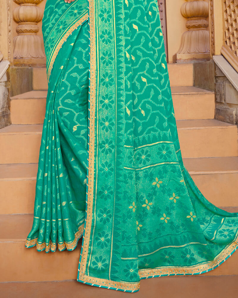 Vishal Prints Aqua Green Brasso Saree With Foil Print And Border