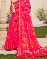 Vishal Prints Red Pink Brasso Saree With Foil Print And Border