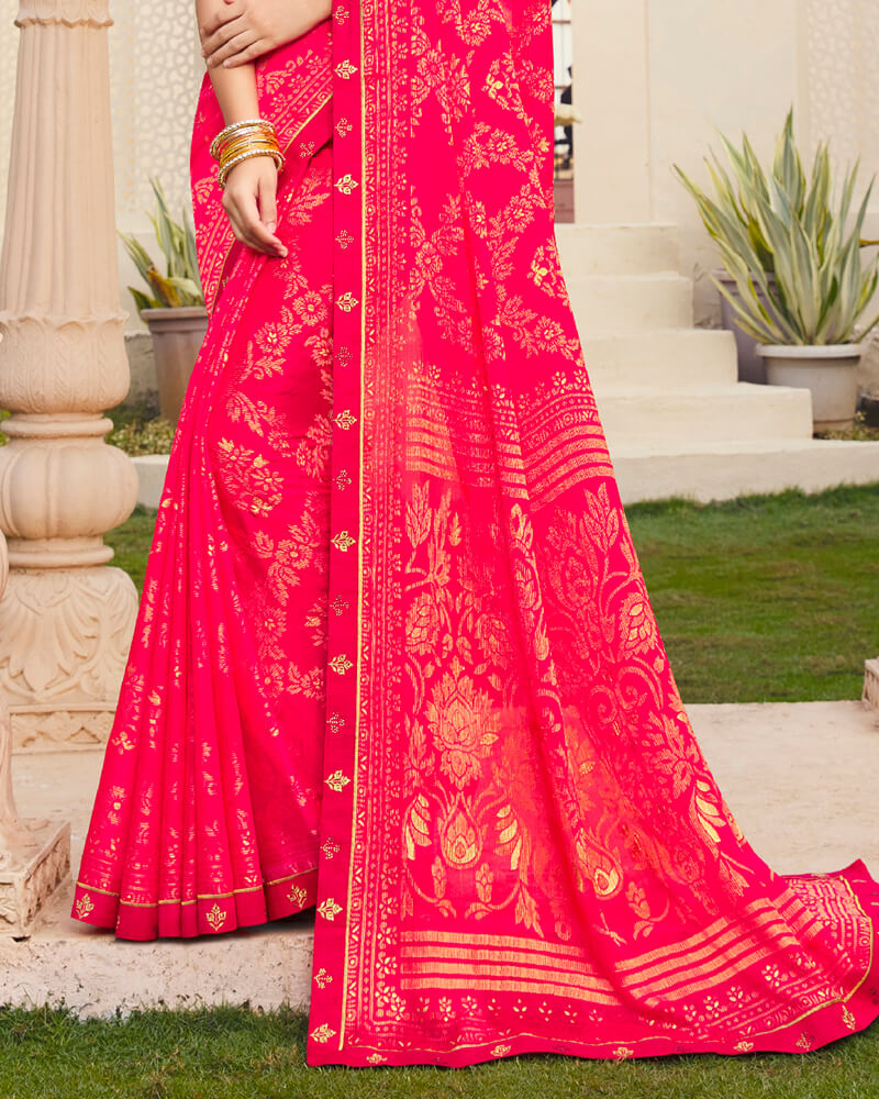 Vishal Prints Red Pink Brasso Saree With Foil Print And Border