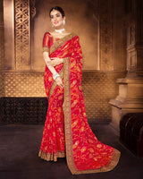 Vishal Prints Cherry Red Brasso Saree With Foil Print And Jari Border