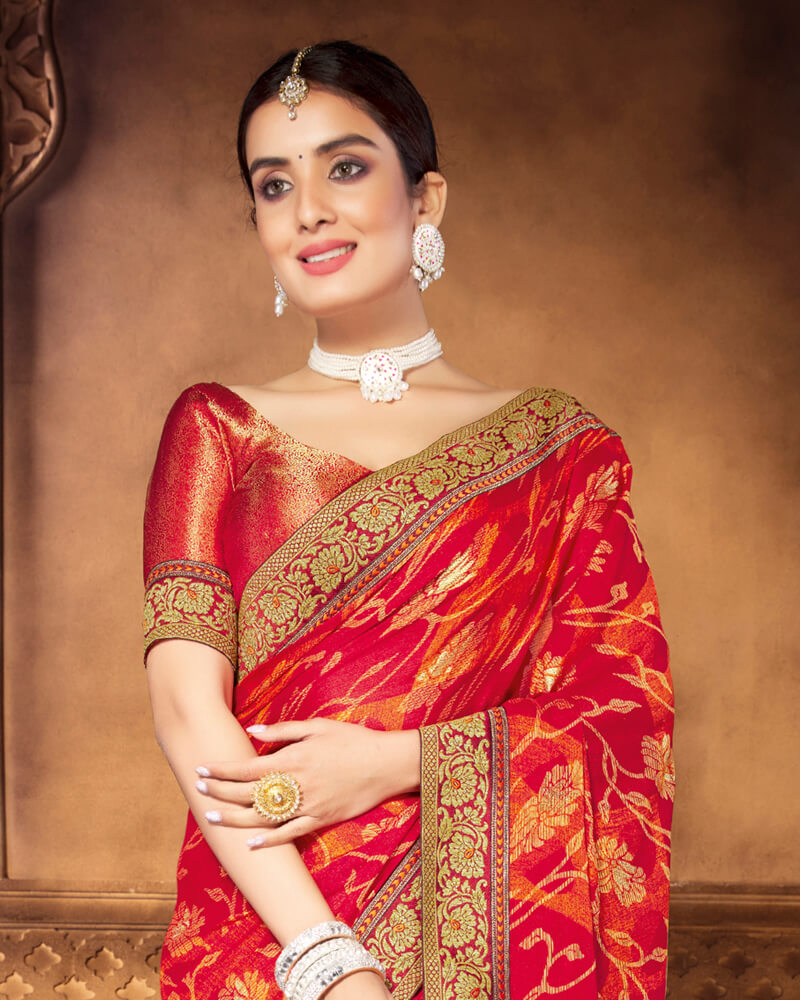 Vishal Prints Cherry Red Brasso Saree With Foil Print And Jari Border