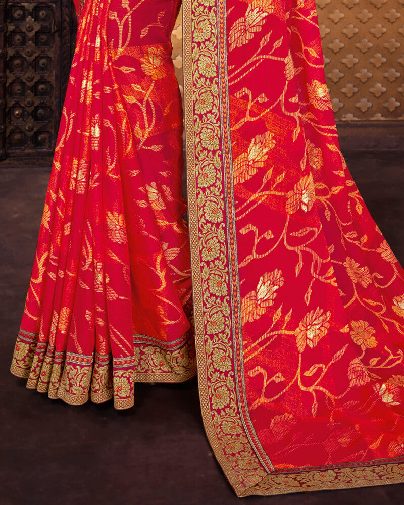 Vishal Prints Cherry Red Brasso Saree With Foil Print And Jari Border