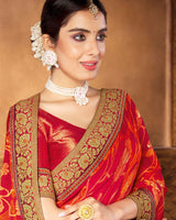 Vishal Prints Cherry Red Brasso Saree With Foil Print And Jari Border
