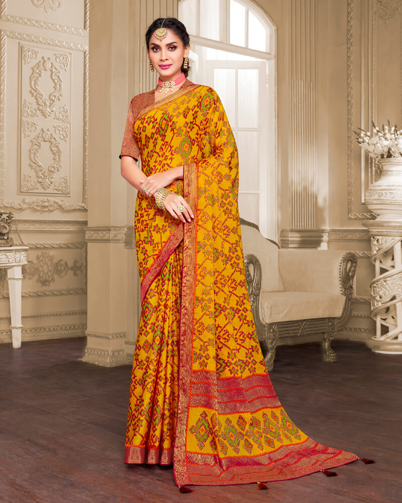 Vishal Prints Dark Yellow Brasso Saree With Foil Print And Tassel