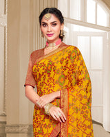 Vishal Prints Dark Yellow Brasso Saree With Foil Print And Tassel