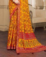 Vishal Prints Dark Yellow Brasso Saree With Foil Print And Tassel