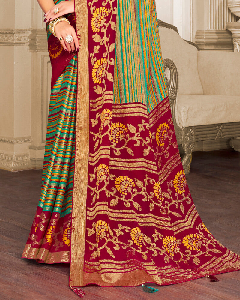 Vishal Prints Aqua Green Brasso Saree With Foil Print And Tassel