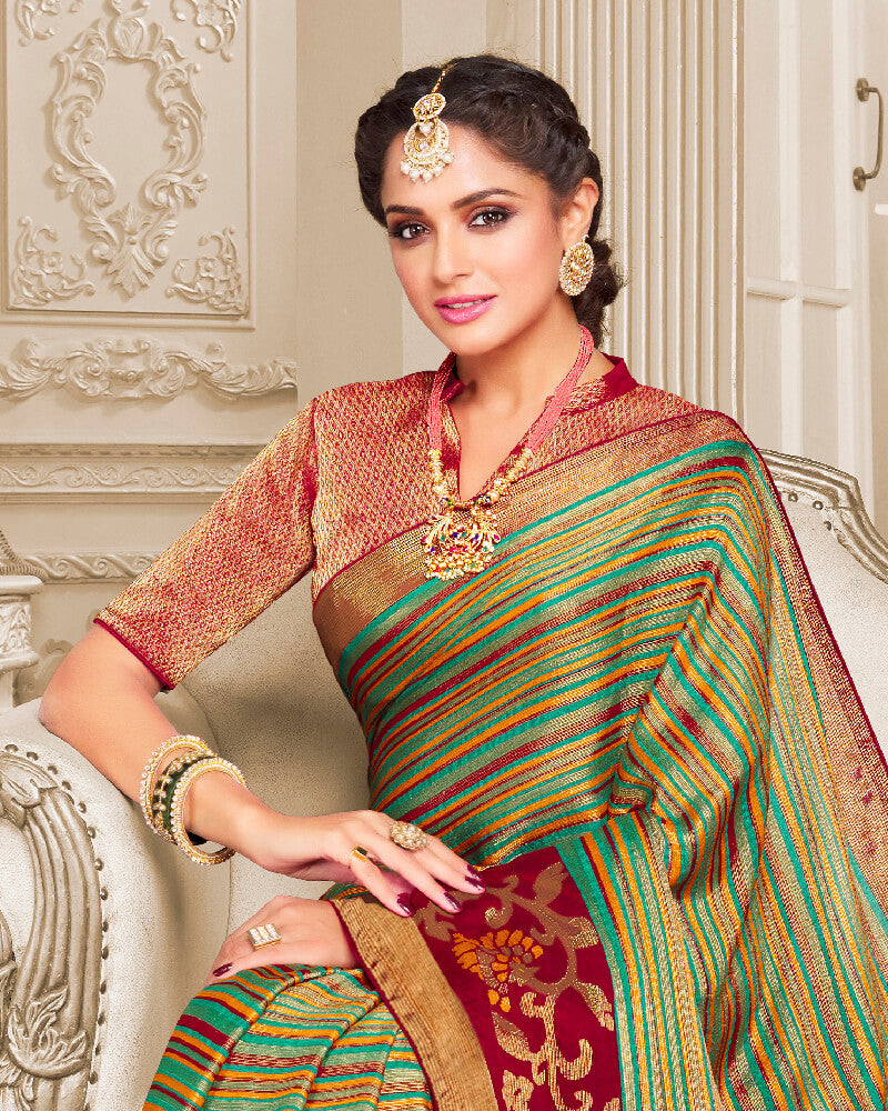 Vishal Prints Aqua Green Brasso Saree With Foil Print And Tassel