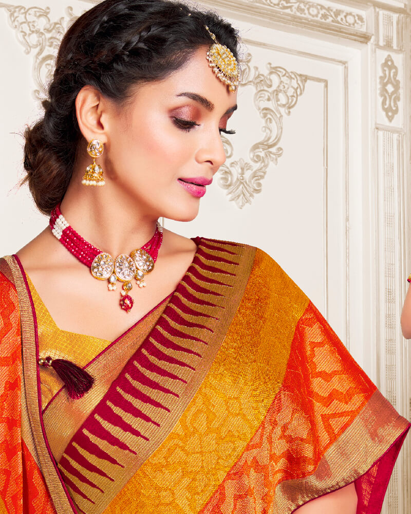 Vishal Prints Maroon Brasso Saree With Foil Print And Tassel