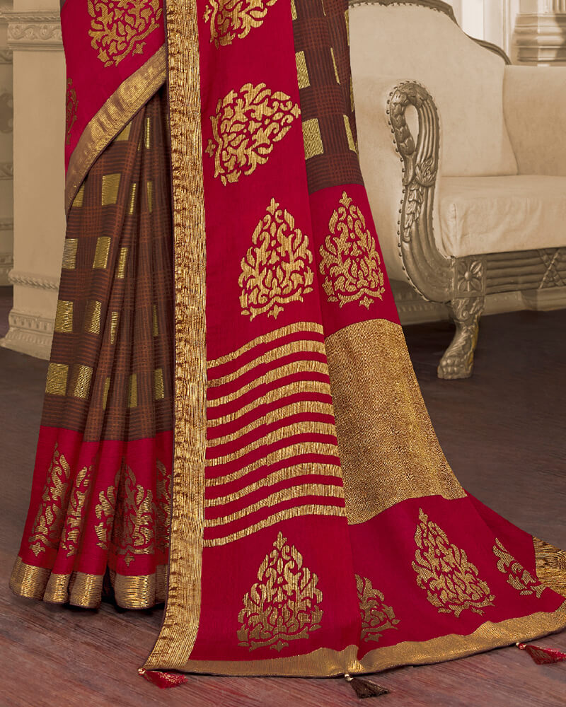 Vishal Prints Brown Brasso Saree With Foil Print And Tassel