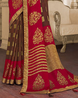 Vishal Prints Brown Brasso Saree With Foil Print And Tassel