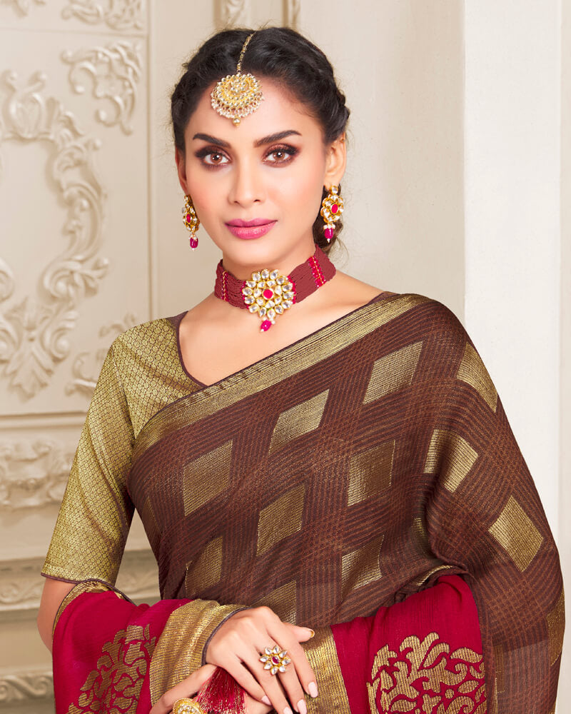 Vishal Prints Brown Brasso Saree With Foil Print And Tassel
