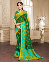 Vishal Prints Dark Green Brasso Saree With Foil Print And Tassel