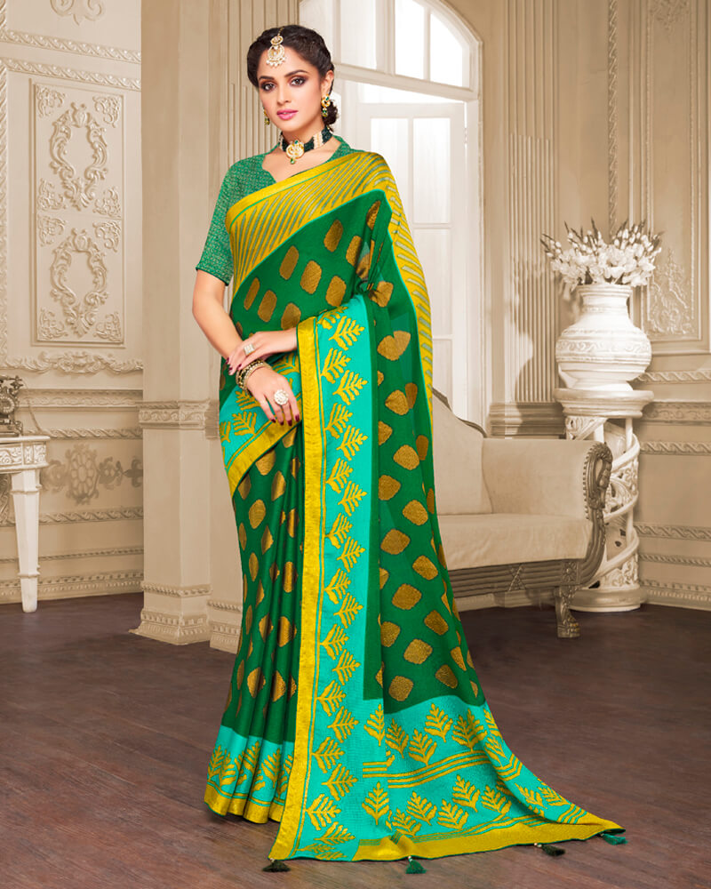Vishal Prints Dark Green Brasso Saree With Foil Print And Tassel