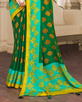 Vishal Prints Dark Green Brasso Saree With Foil Print And Tassel