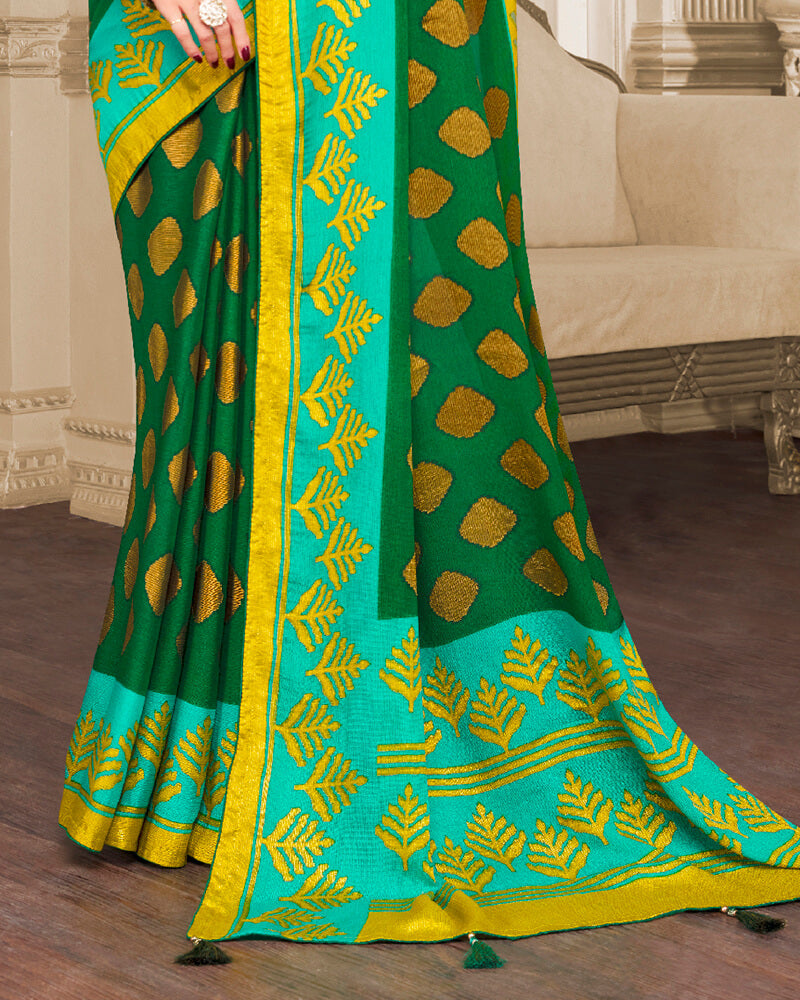 Vishal Prints Dark Green Brasso Saree With Foil Print And Tassel