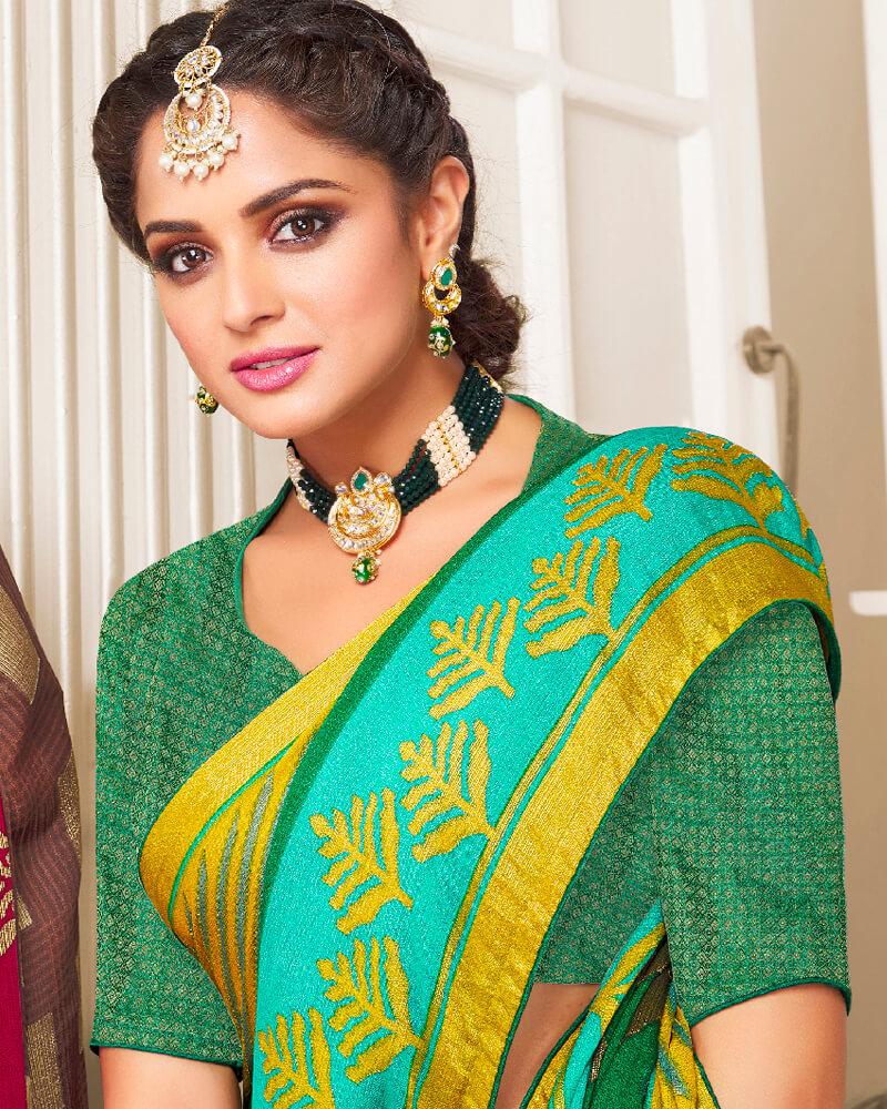 Vishal Prints Dark Green Brasso Saree With Foil Print And Tassel