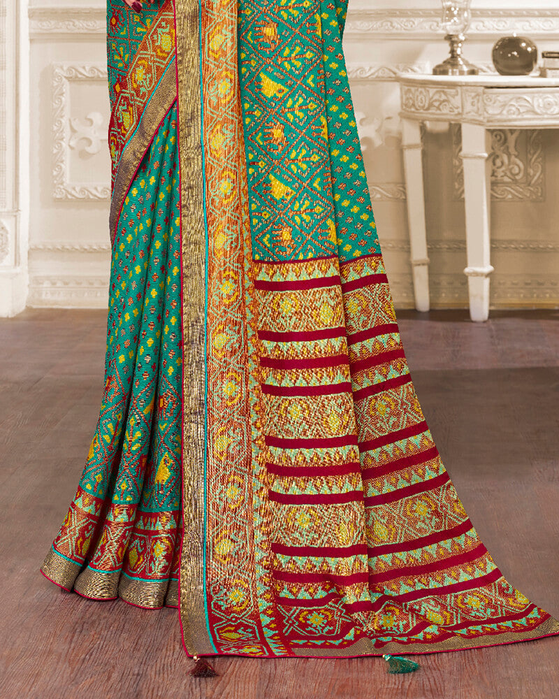 Vishal Prints Aqua Green Brasso Saree With Foil Print And Tassel