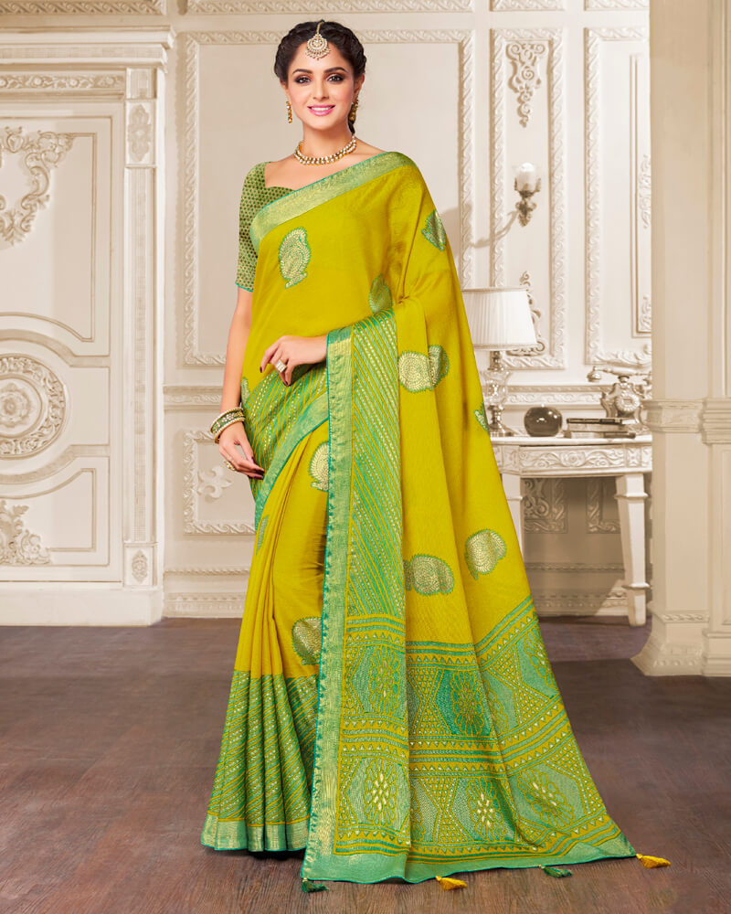 Vishal Prints Lime Yellow Brasso Saree With Foil Print And Tassel