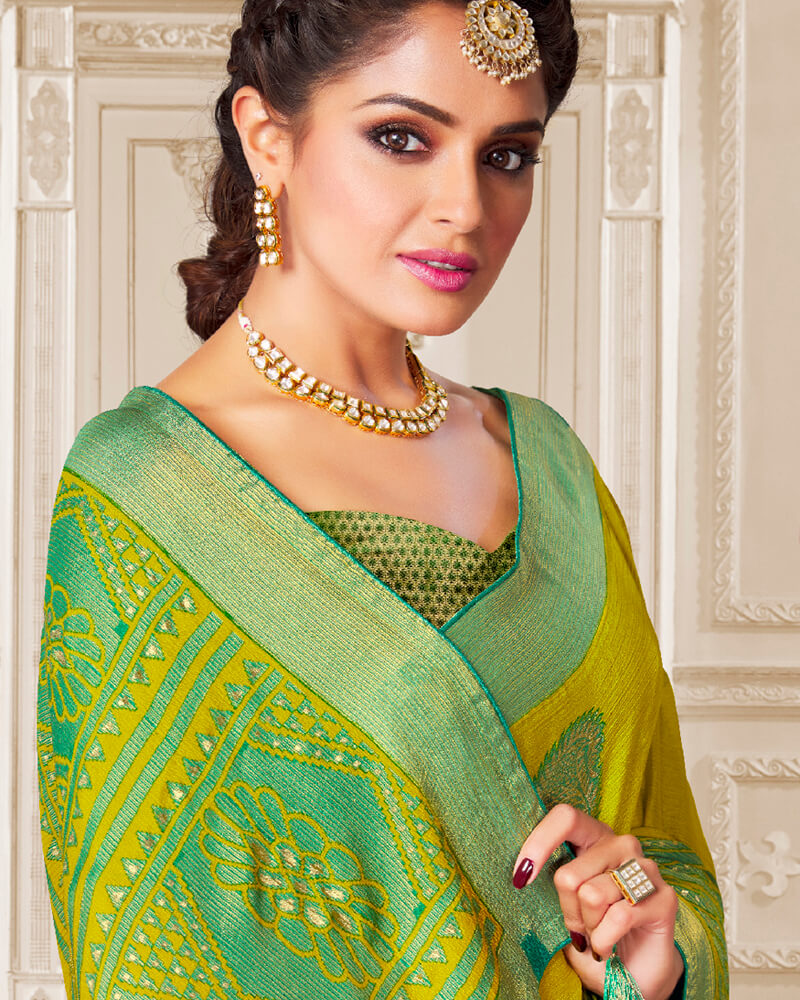 Vishal Prints Lime Yellow Brasso Saree With Foil Print And Tassel