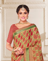 Vishal Prints Fawn Brasso Saree With Foil Print And Tassel