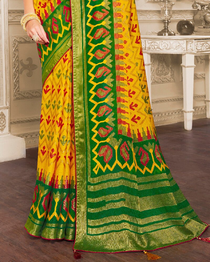 Vishal Prints Golden Yellow Brasso Saree With Foil Print And Tassel