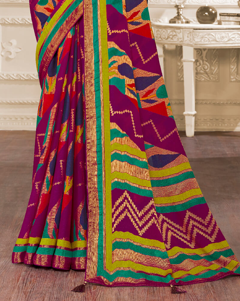 Vishal Prints Wine Brasso Saree With Foil Print And Tassel