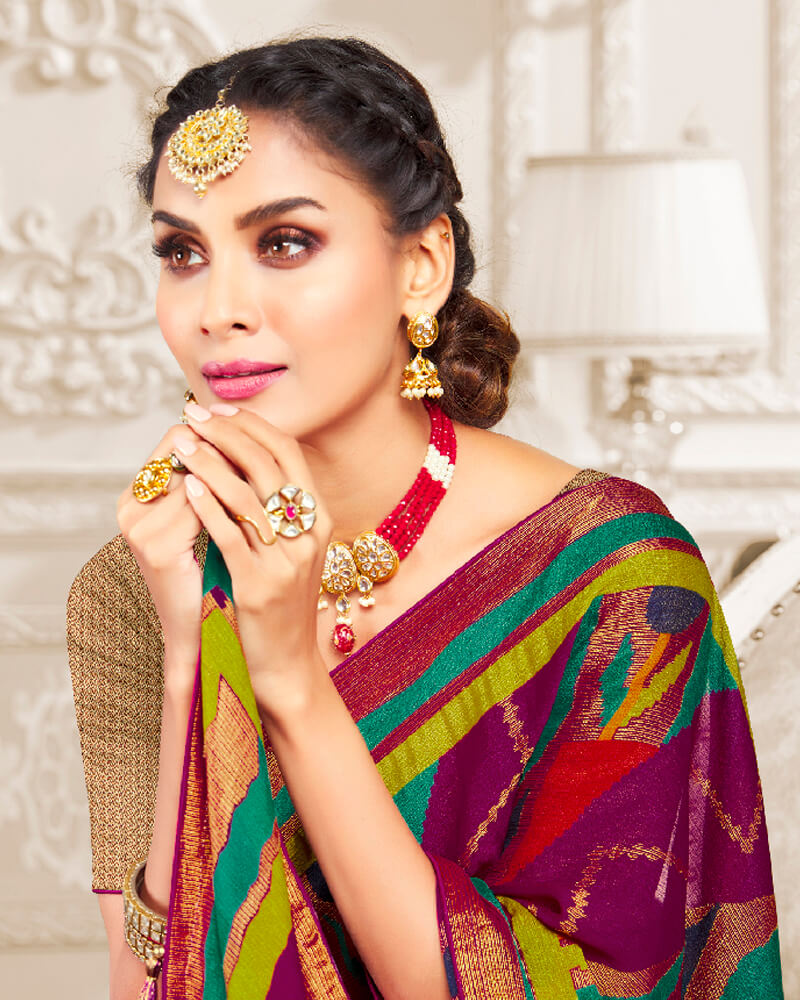 Vishal Prints Wine Brasso Saree With Foil Print And Tassel