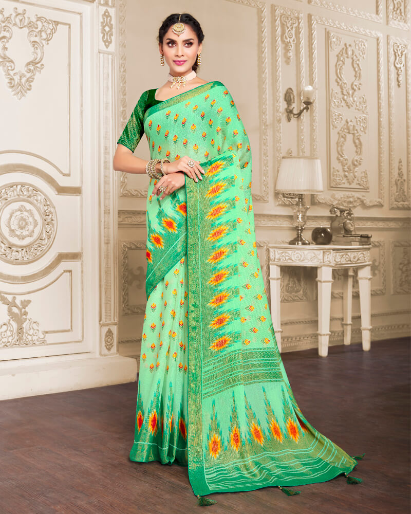 Vishal Prints Sea Green Brasso Saree With Foil Print And Tassel