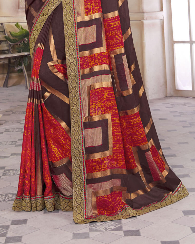 Vishal Prints Brown Brasso Saree With Foil Print And Zari Border