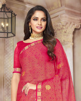 Vishal Prints Pastel Red Brasso Saree With Foil Print And Zari Border