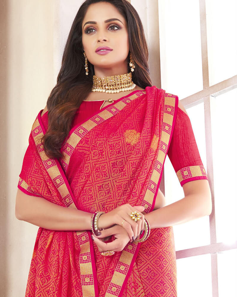 Vishal Prints Pastel Red Brasso Saree With Foil Print And Zari Border