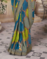 Vishal Prints Teal Blue Brasso Saree With Foil Print And Zari Border