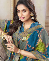 Vishal Prints Teal Blue Brasso Saree With Foil Print And Zari Border
