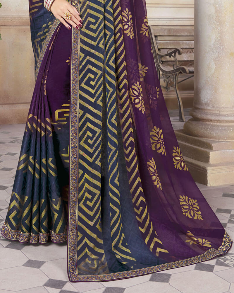 Vishal Prints Wine Brasso Saree With Foil Print And Zari Border
